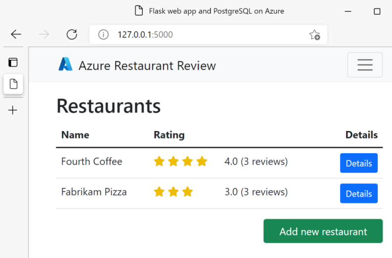Screenshot dell'app Web Flask con PostgreSQL in esecuzione localmente che mostra ristoranti e recensioni dei ristoranti.