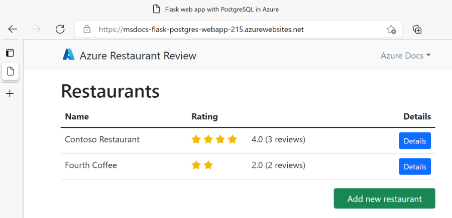 Screenshot dell'app Web Flask con PostgreSQL in esecuzione in Azure che mostra ristoranti e recensioni dei ristoranti.