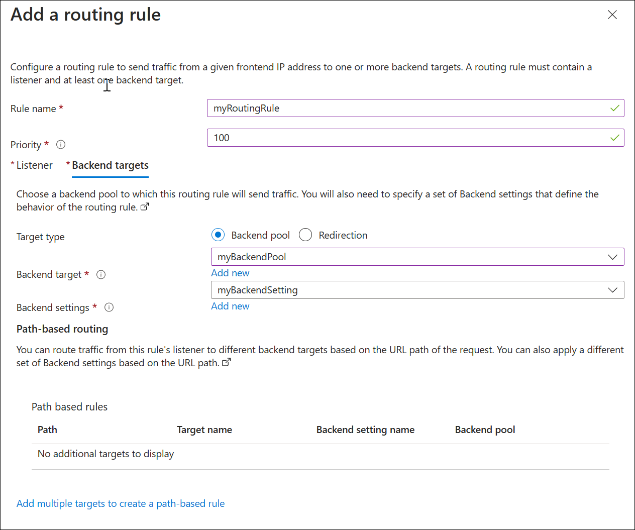 Screenshot della creazione di un nuovo gateway applicazione: regola di routing.