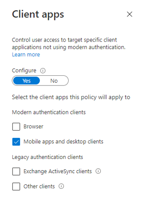 Screenshot that shows the Client apps window.