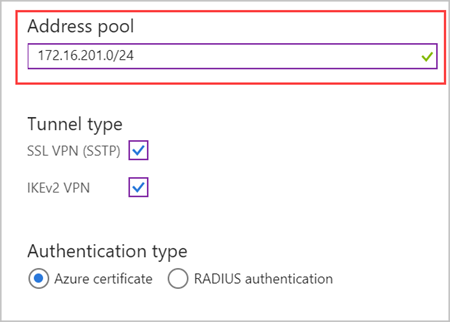 Screenshot che mostra le impostazioni da punto a sito in un gateway di rete virtuale di Azure.