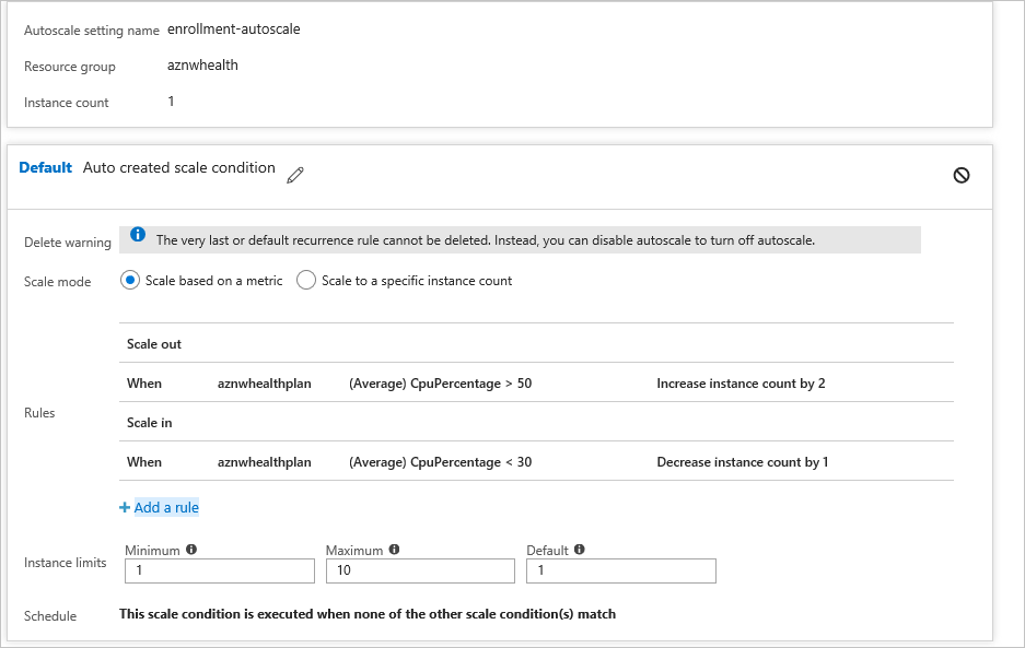 Screenshot che mostra come configurare la scalabilità automatica in app Azure Servizio.