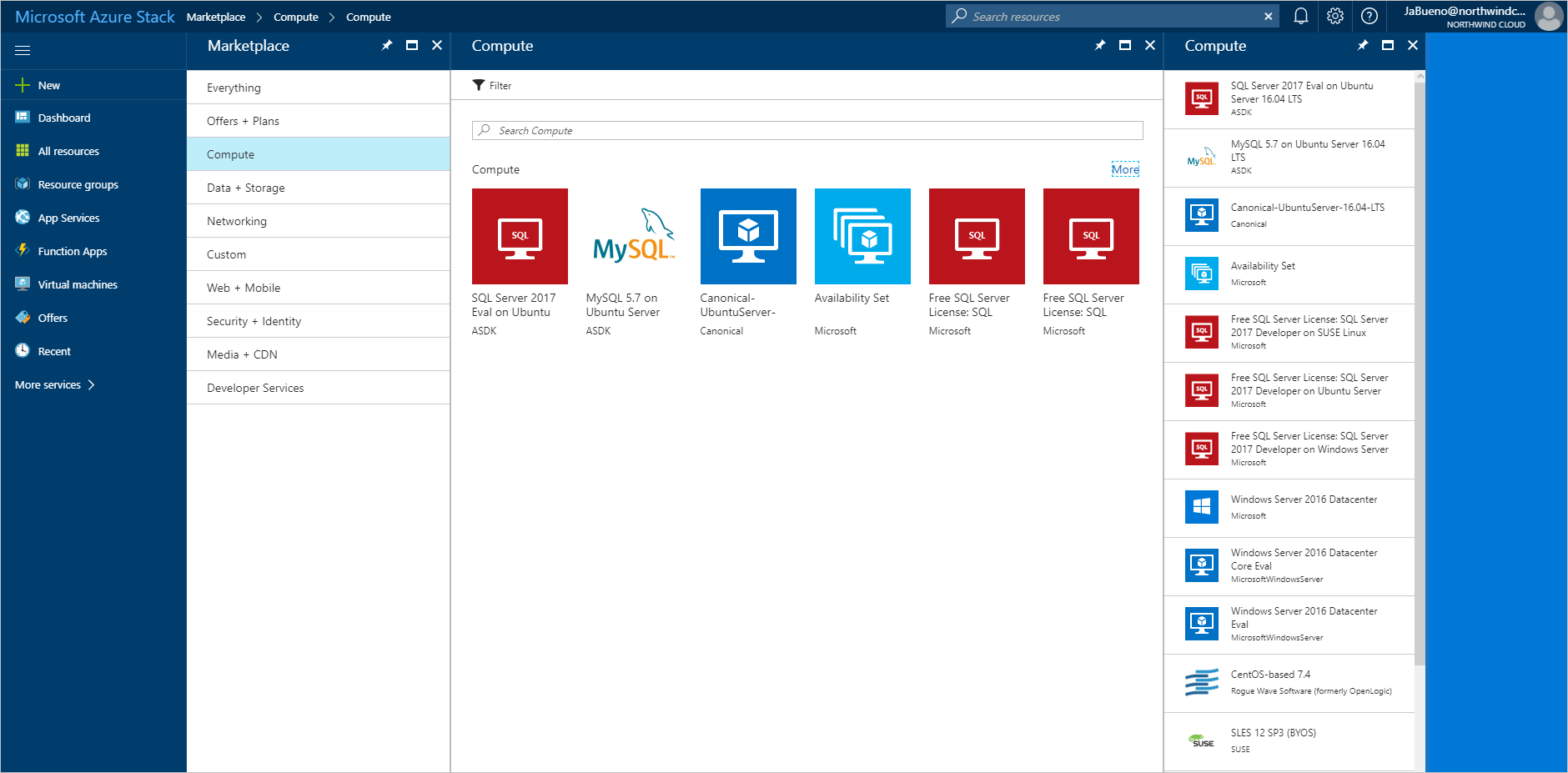 Screenshot che mostra come selezionare un'immagine di macchina virtuale nel portale utenti dell'hub di Azure Stack.