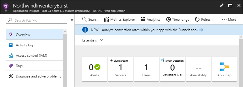 Screenshot che mostra Application Insights.