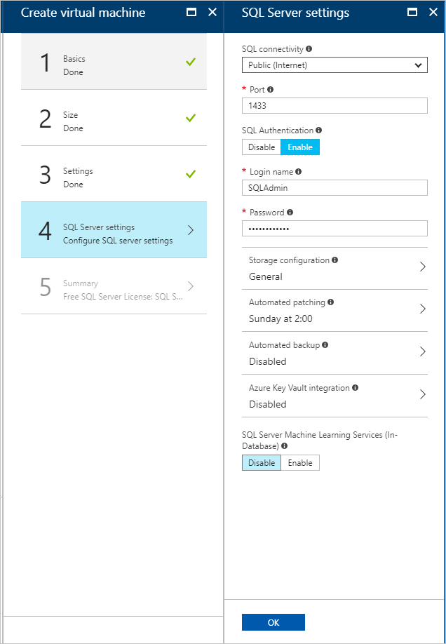 Screenshot che mostra come configurare le impostazioni di SQL Server nel portale utenti dell'hub di Azure Stack.