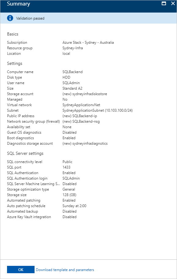 Screenshot che mostra il riepilogo della configurazione nel portale utenti dell'hub di Azure Stack.