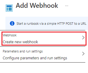 Aggiungere la pagina webhook con l'opzione Crea evidenziata.