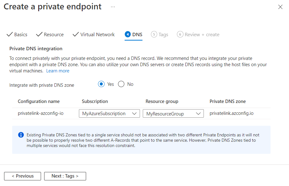 Screenshot del portale di Azure, creare un endpoint privato, scheda DNS.