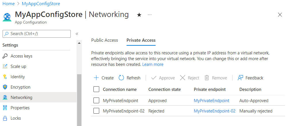 Screenshot del portale di Azure, esaminare gli endpoint esistenti.