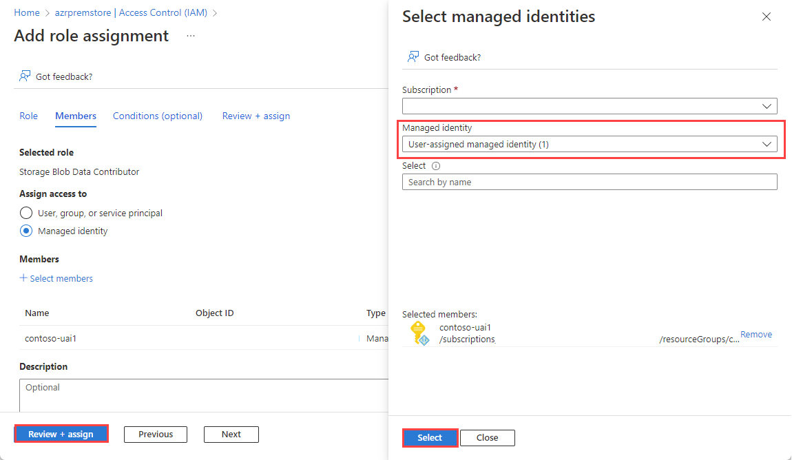 Screenshot che mostra il modulo Identità gestita con l'identità gestita assegnata dall'utente indicata.