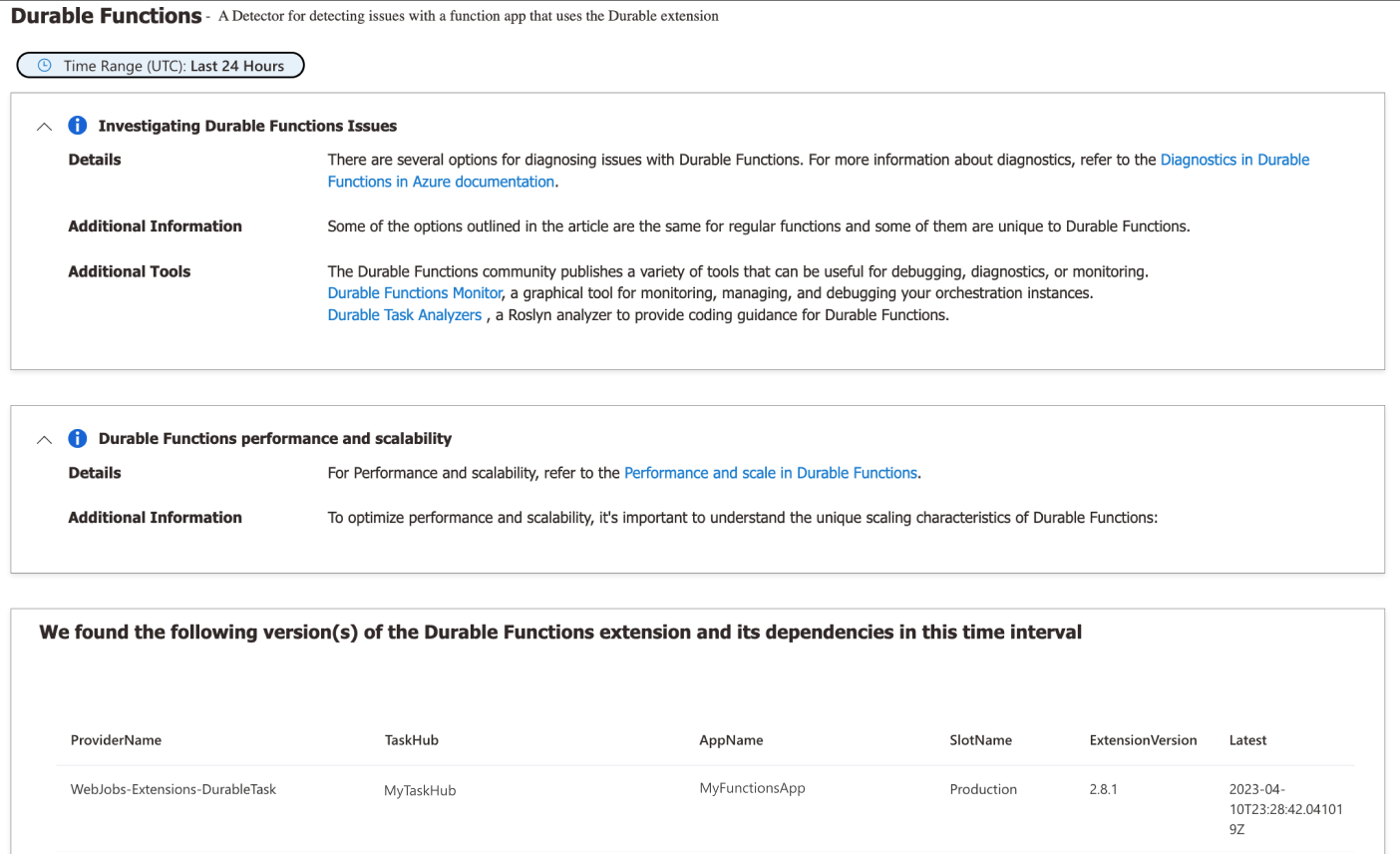 Screenshot del rilevatore di Durable Functions.