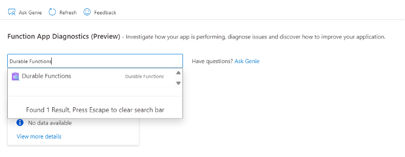 Screenshot che mostra come cercare Durable Functions rilevatore.