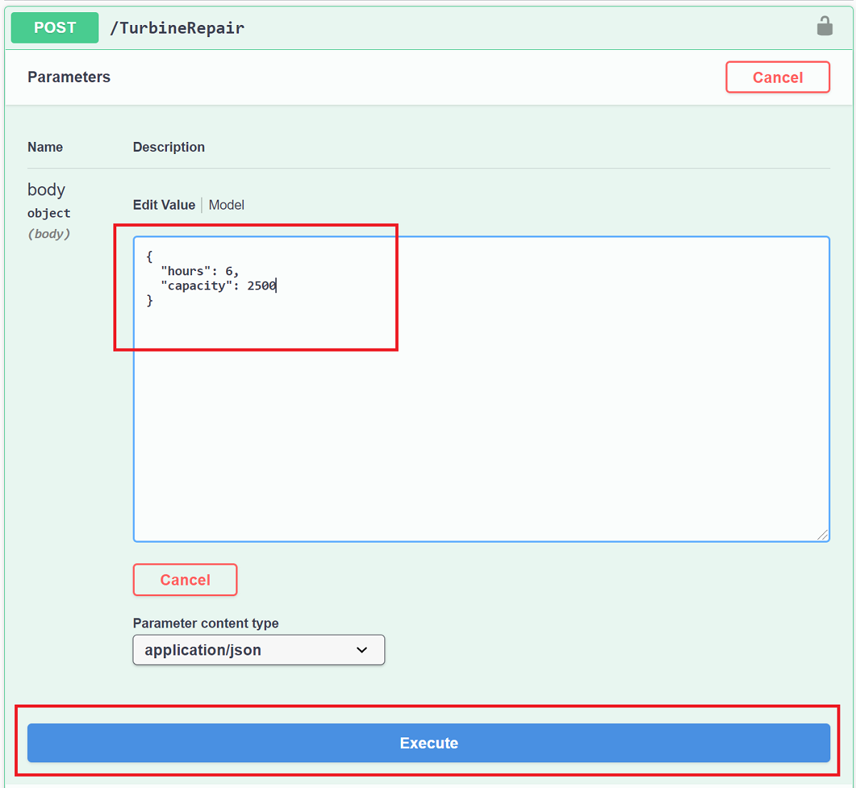 Interfaccia utente di Swagger per il test dell'API TurbineRepair