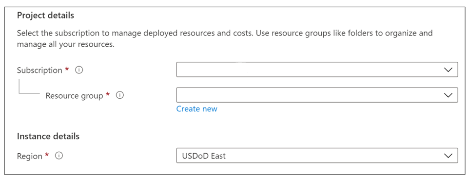 Project details section showing where you select the Azure subscription and the resource group for the virtual machine