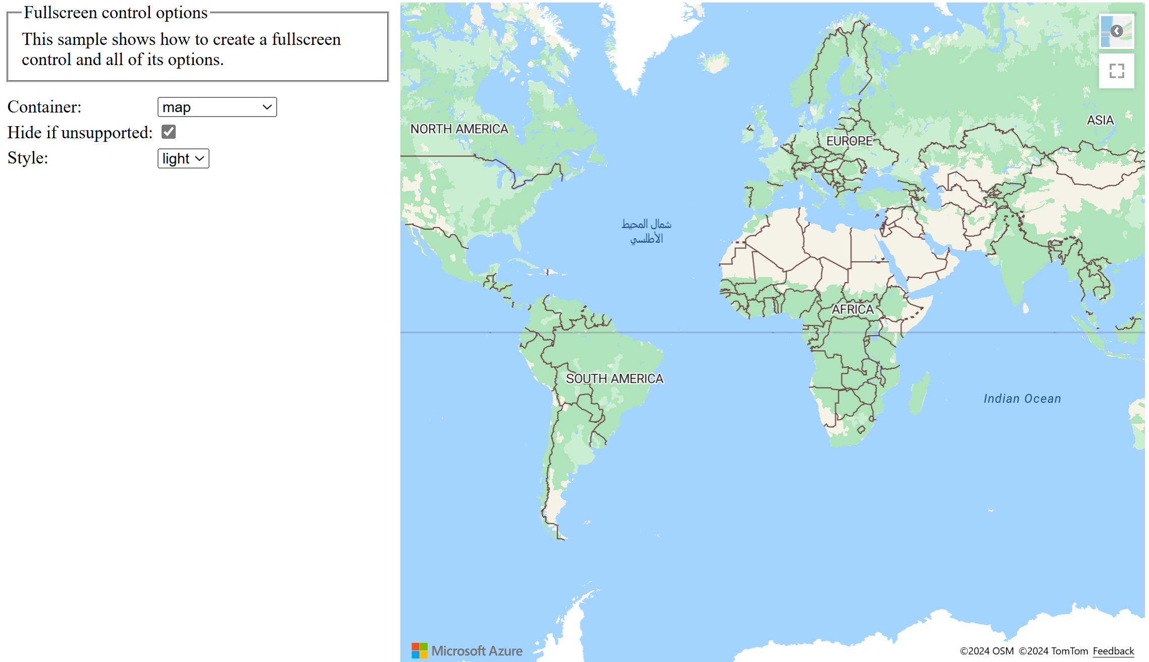 Screenshot che mostra l'esempio Opzioni controllo schermo intero, che contiene una mappa che mostra un controllo schermo intero e le opzioni sul lato sinistro dello schermo che consentono di modificare le proprietà Stile controllo e Controllo a schermo intero.