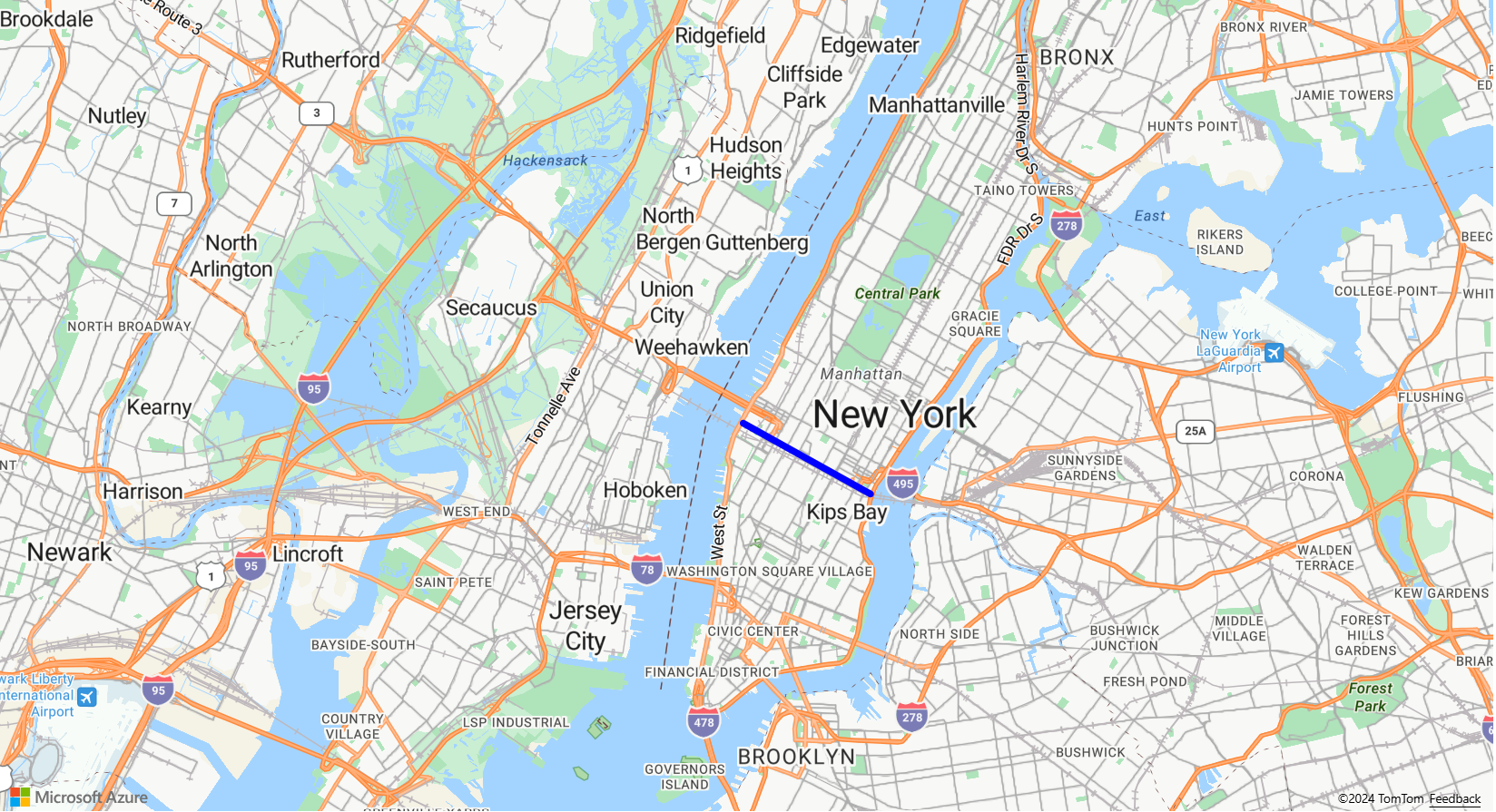 Screenshot che mostra un livello linea in una mappa di Mappe di Azure.