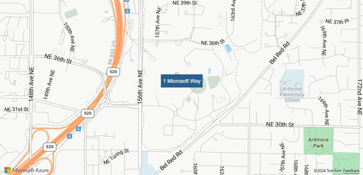 Uno screenshot che mostra i risultati dell'esempio di codice precedente, una mappa di Redmond Washington con una puntina con etichetta 1 Microsoft Way.