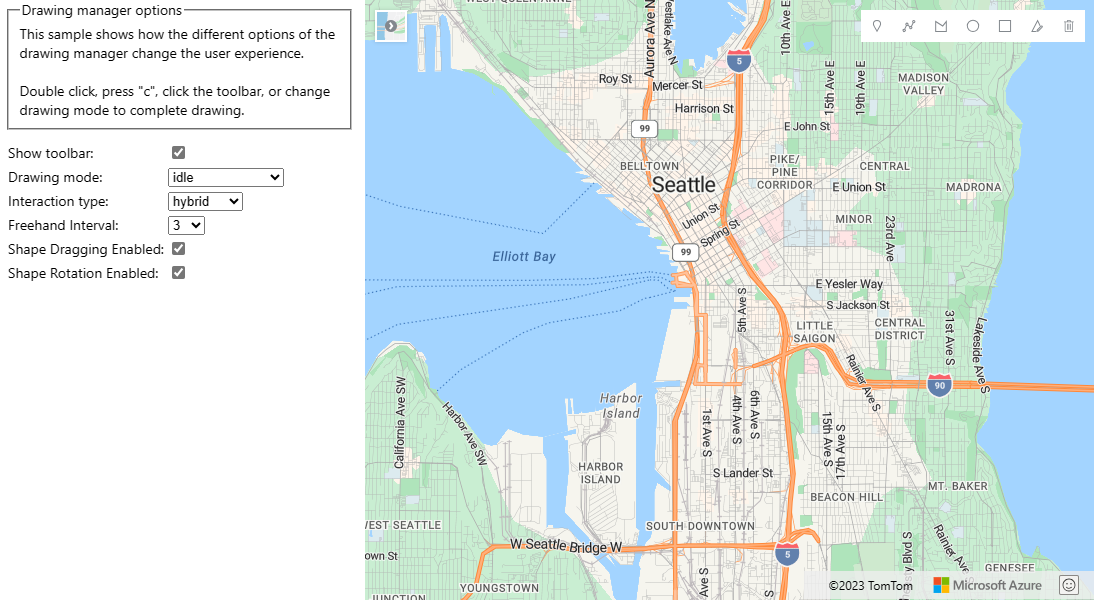 Screenshot di una mappa di Seattle con un pannello a sinistra che mostra le opzioni di gestione disegno che possono essere selezionate per visualizzare gli effetti apportati alla mappa.