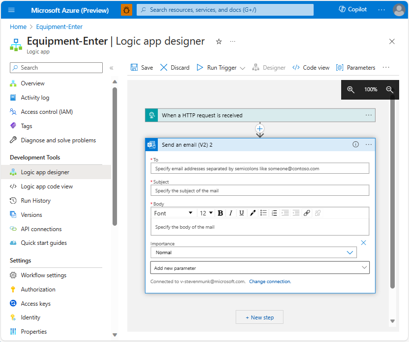 Screenshot of create a logic app send email step.