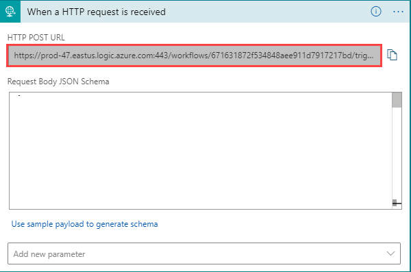 Screenshot of Logic App HTTP Request URL and JSON.