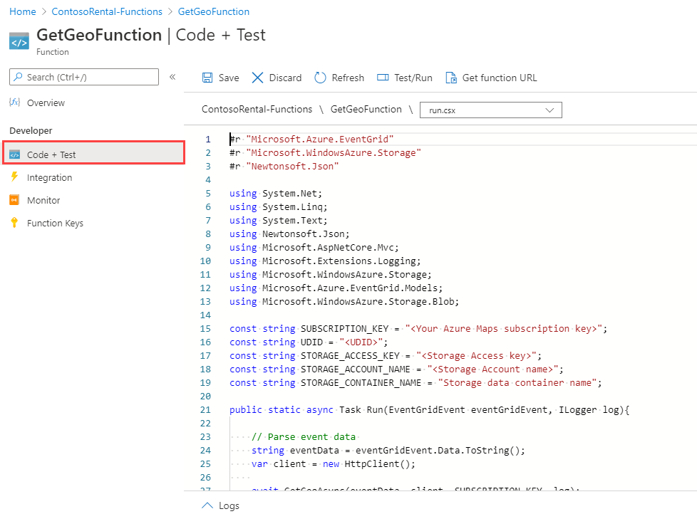 Screenshot del copia/incolla del codice nella finestra della funzione.