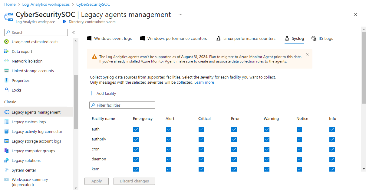 Raccogliere le origini dati syslog con l'agente Log Analytics in  Monitoraggio di Azure - Azure Monitor | Microsoft Learn