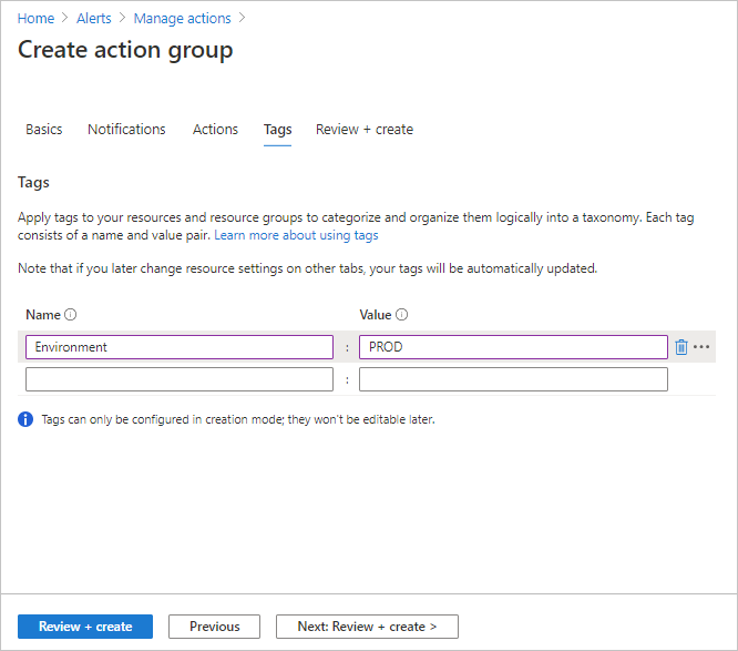 Screenshot that shows the Tags tab of the Create action group dialog. Values are visible in the Name and Value boxes.
