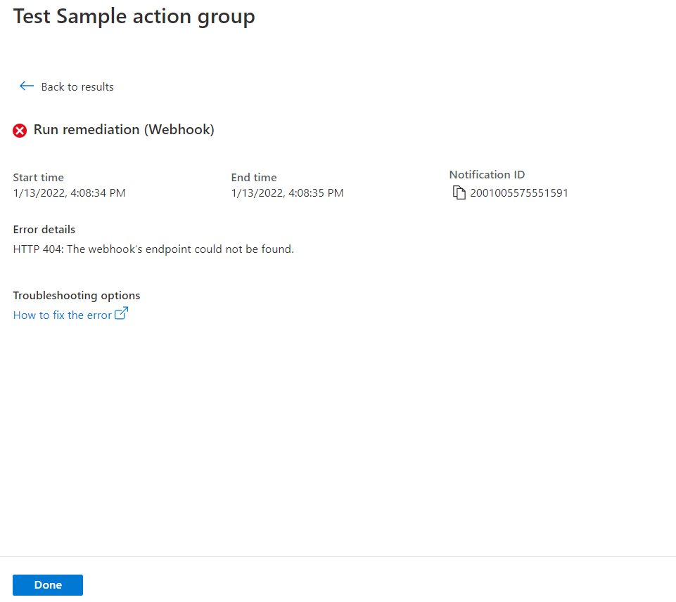 Screenshot that shows the Test sample action group page showing a test that failed.