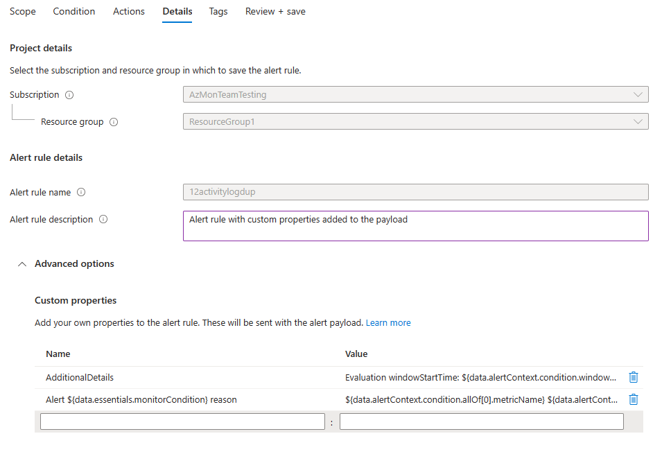 Screenshot that shows the custom properties section of creating a new alert rule.