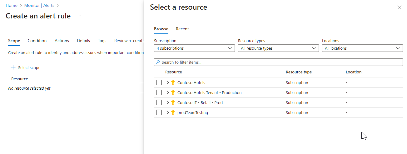 Screenshot che mostra il riquadro di selezione delle risorse per la creazione di una nuova regola di avviso.