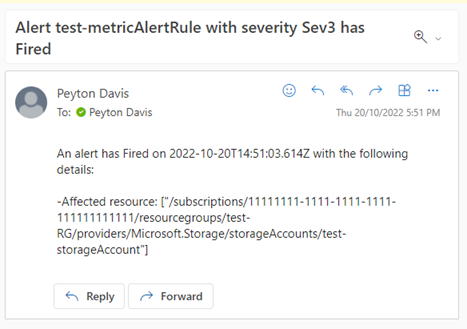 Screenshot che mostra un messaggio di posta elettronica di esempio inviato dalla pagina Test.
