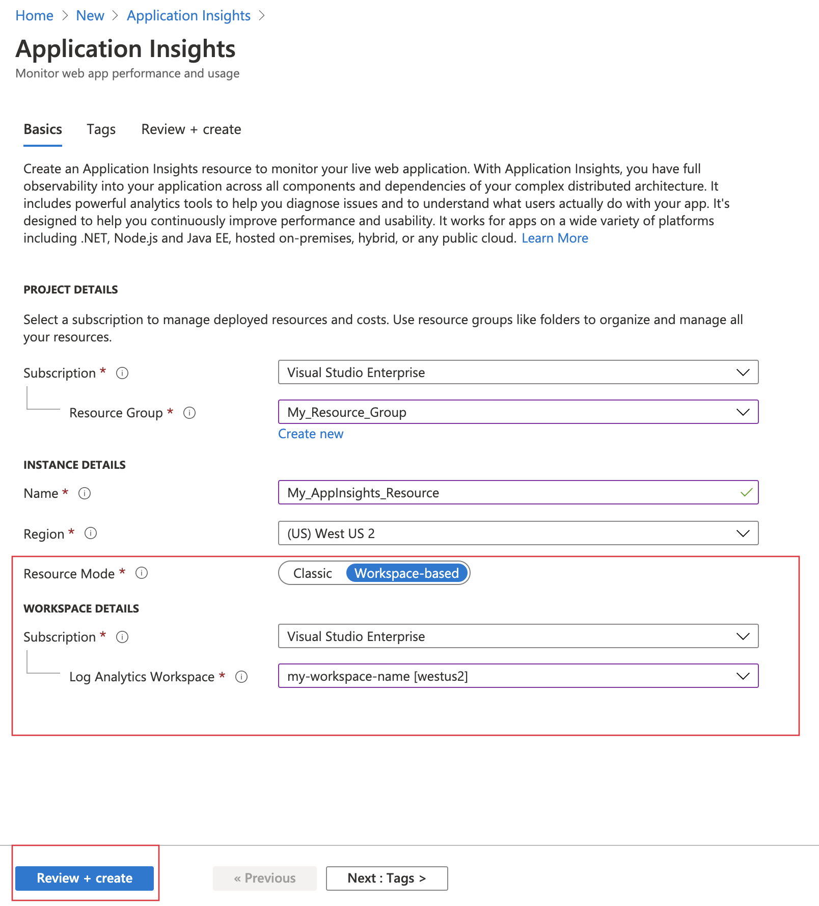 Screenshot che mostra una risorsa di Application Insights basata sull'area di lavoro.