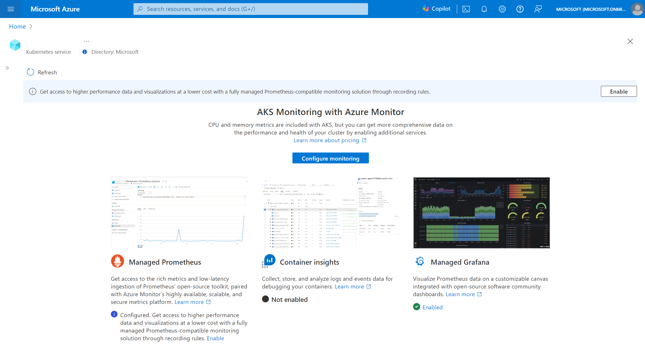 Screenshot del cluster del servizio Azure Kubernetes con Informazioni dettagliate sui contenitori basate su Prometheus.