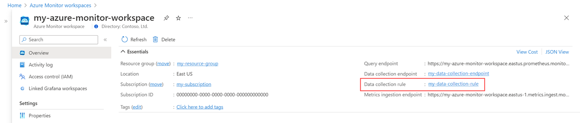 Screenshot che mostra la regola di raccolta dati usata dall'area di lavoro di Monitoraggio di Azure.