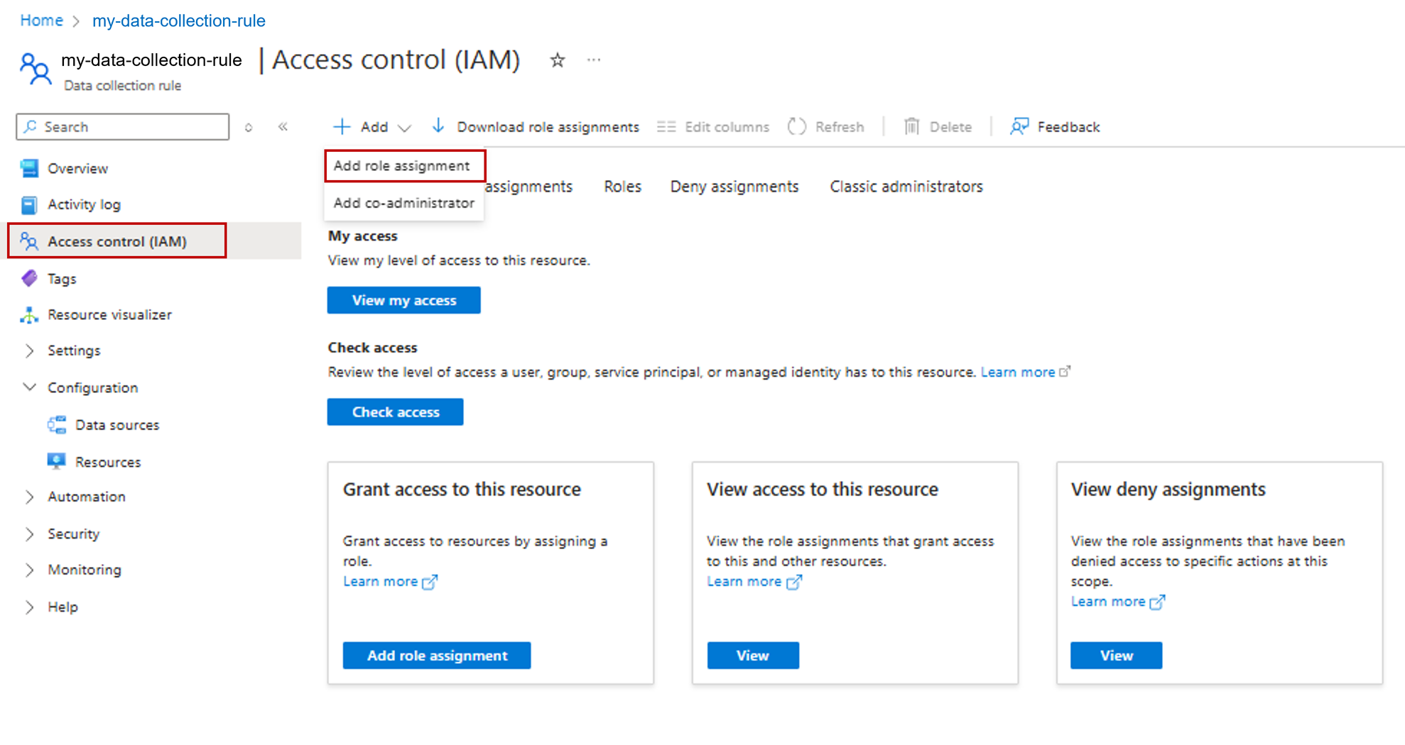 Screenshot che mostra l'aggiunta di un'assegnazione di ruolo sulle pagine di Controllo di accesso.