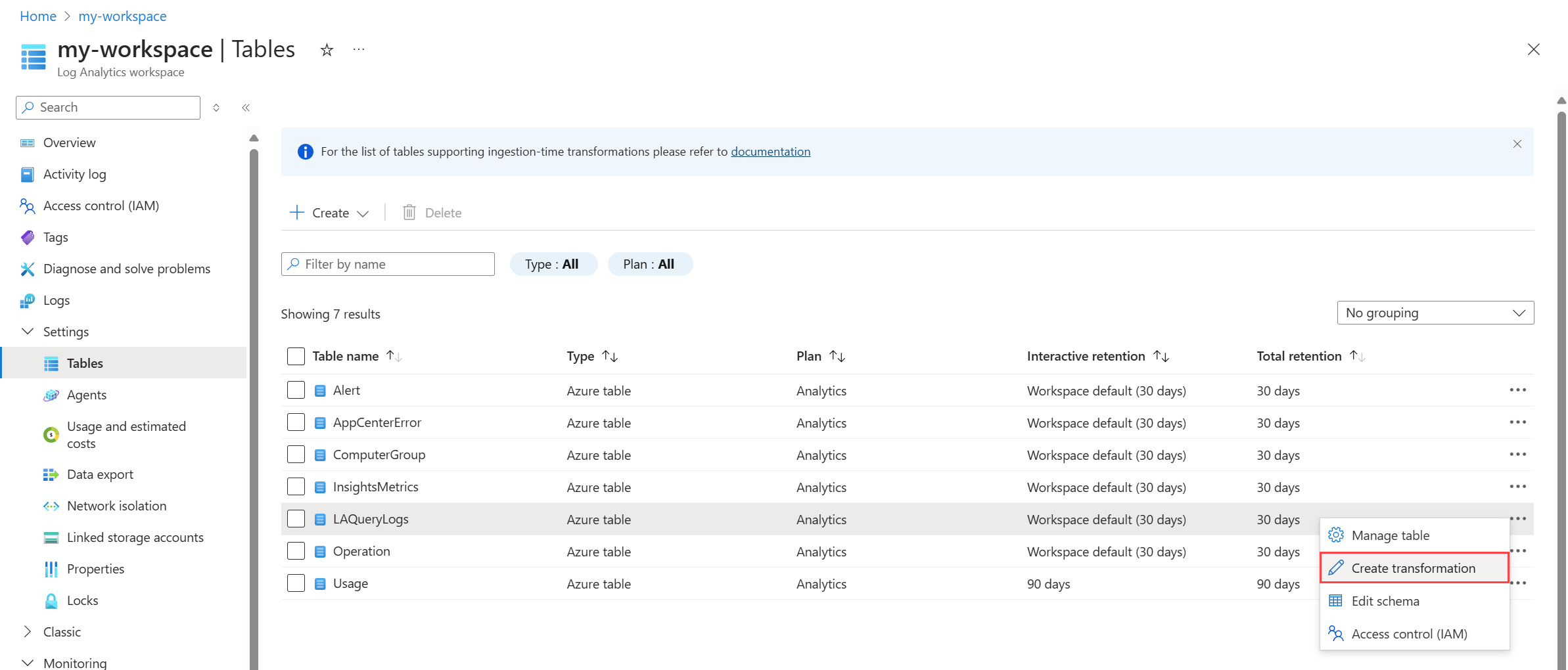 Screenshot che mostra l'opzione per creare una trasformazione per una tabella nel portale di Azure.