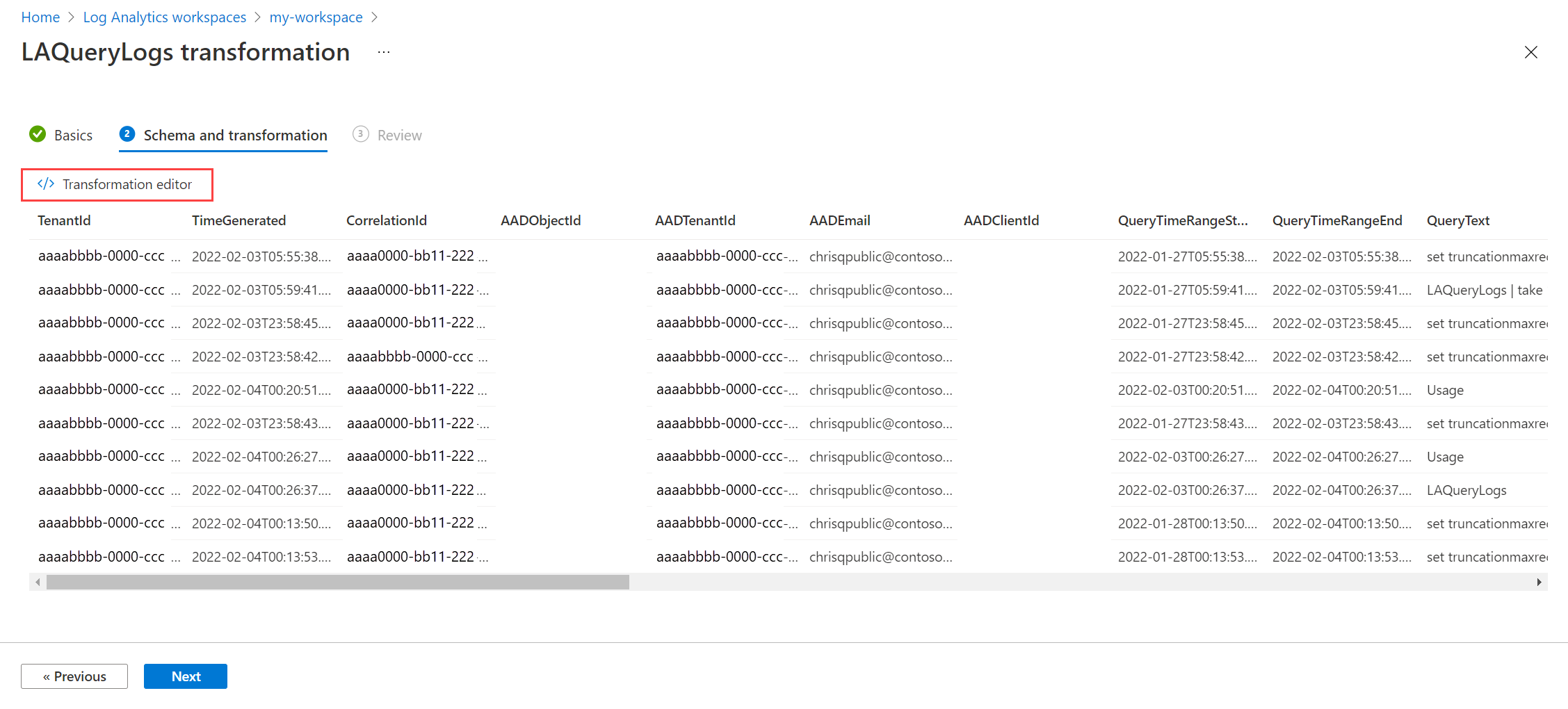 Screenshot che mostra i dati di esempio della tabella di log.