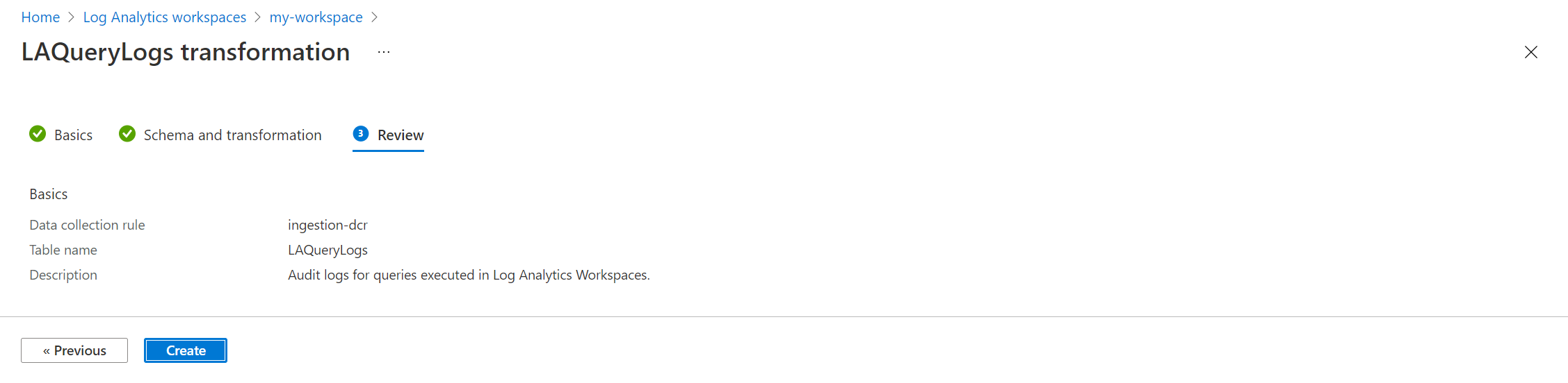 Screenshot che mostra il salvataggio della trasformazione.