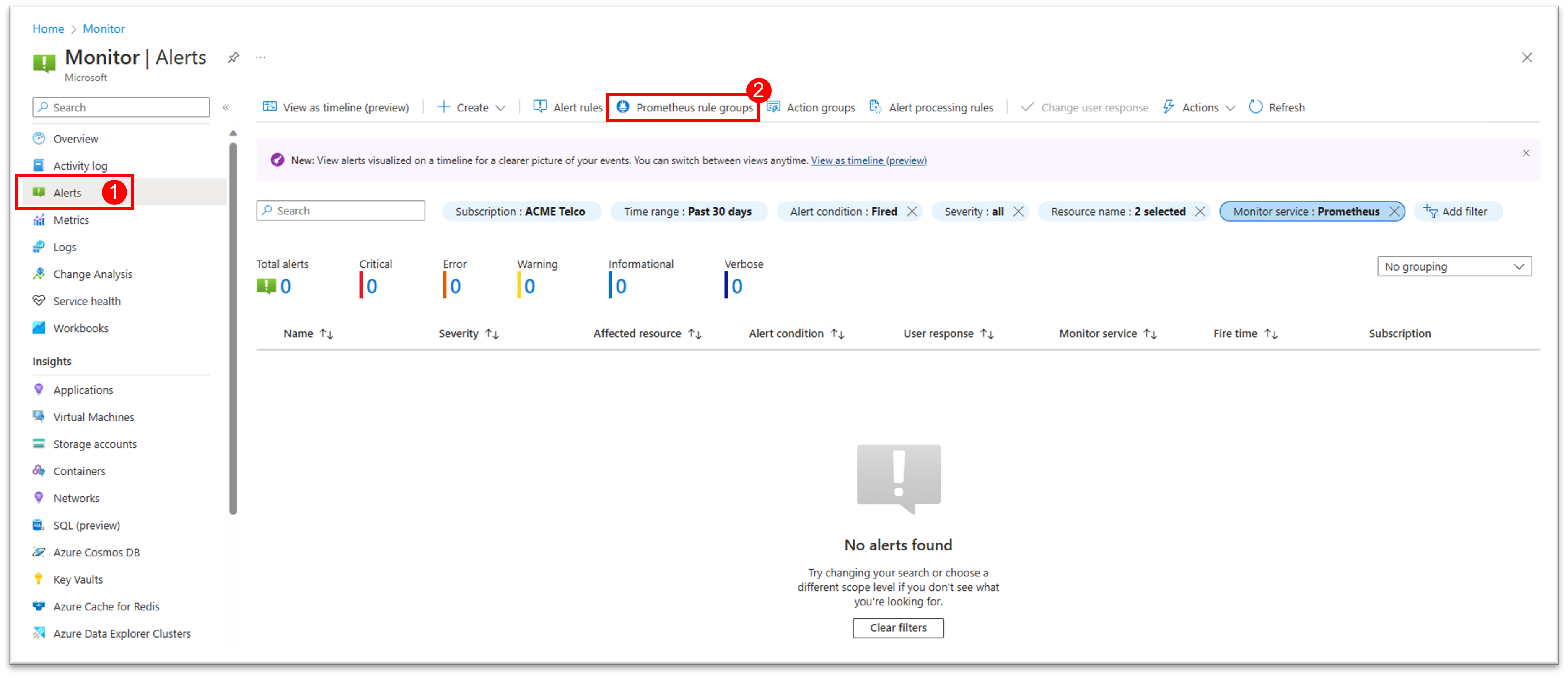Screenshot che mostra come raggiungere i gruppi di regole prometheus dalla schermata degli avvisi di Monitoraggio di Azure.