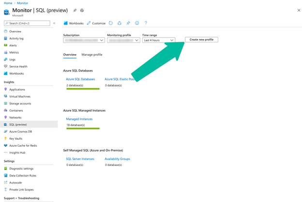 Screenshot della pagina Monitoraggio di Azure nel portale di Azure. Il pulsante Crea nuovo profilo è evidenziato.