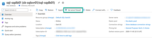 Screenshot di una pagina database SQL di Azure del portale di Azure. Il pulsante Imposta firewall server evidenziato.