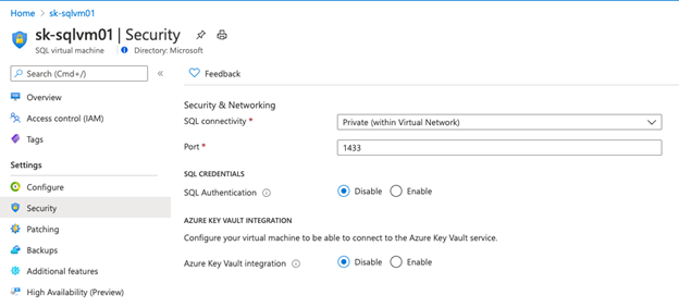 Screenshot della pagina Sicurezza macchina virtuale SQL del portale di Azure. La pagina Sicurezza macchina virtuale SQL include una sezione Sicurezza e rete con un campo Porta.