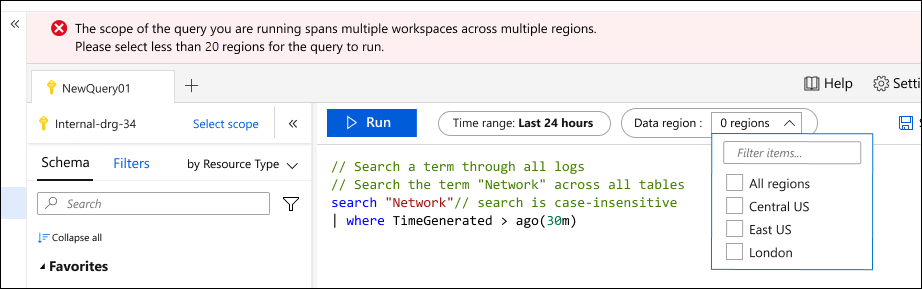 Screenshot della query non riuscita.