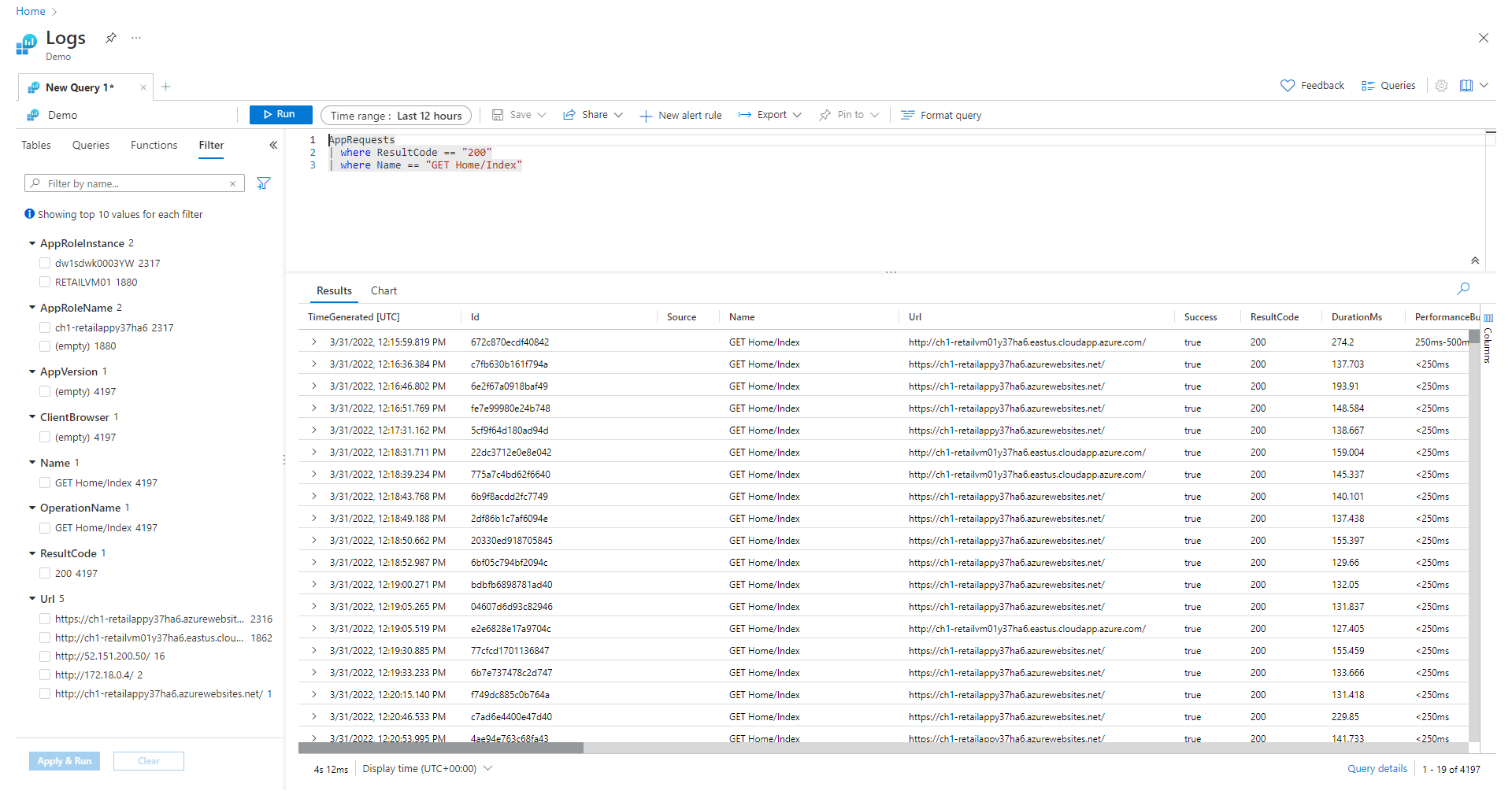 Screenshot that shows query results with multiple filters.