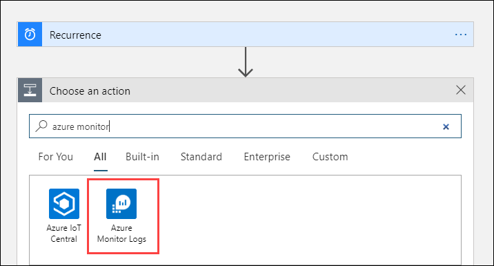 Screenshot that shows an Azure Monitor Logs action.