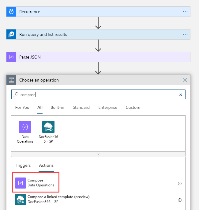 Screenshot that shows selecting a Compose action.