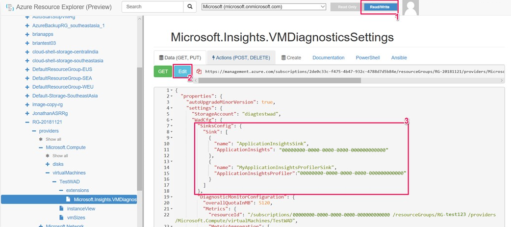 Screenshot che mostra l'aggiunta del sink di Application Insights Profiler.