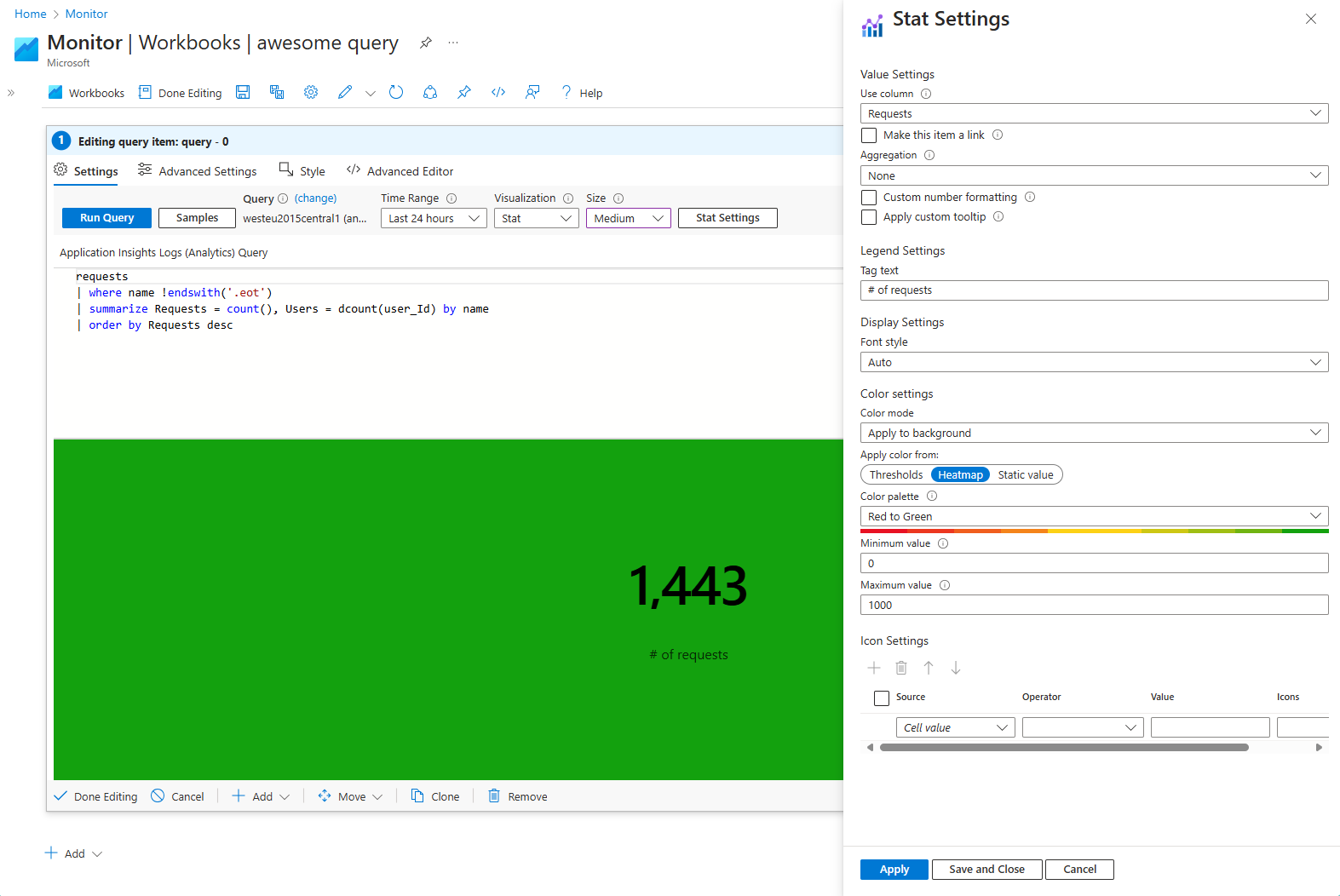Screenshot che mostra una visualizzazione stat configurata in una cartella di lavoro.