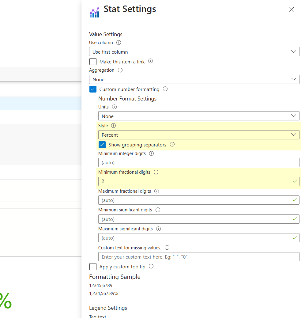 Screenshot che mostra le impostazioni di formattazione dei numeri.