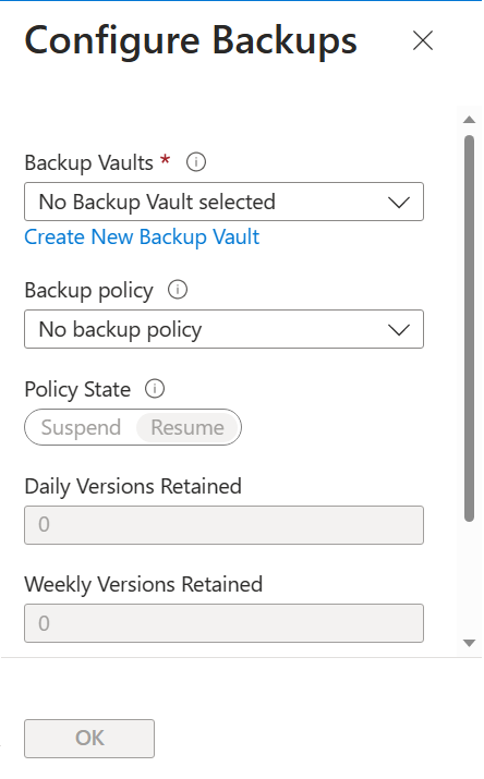 Screenshot that shows the Enabled setting of Configure Backups window.
